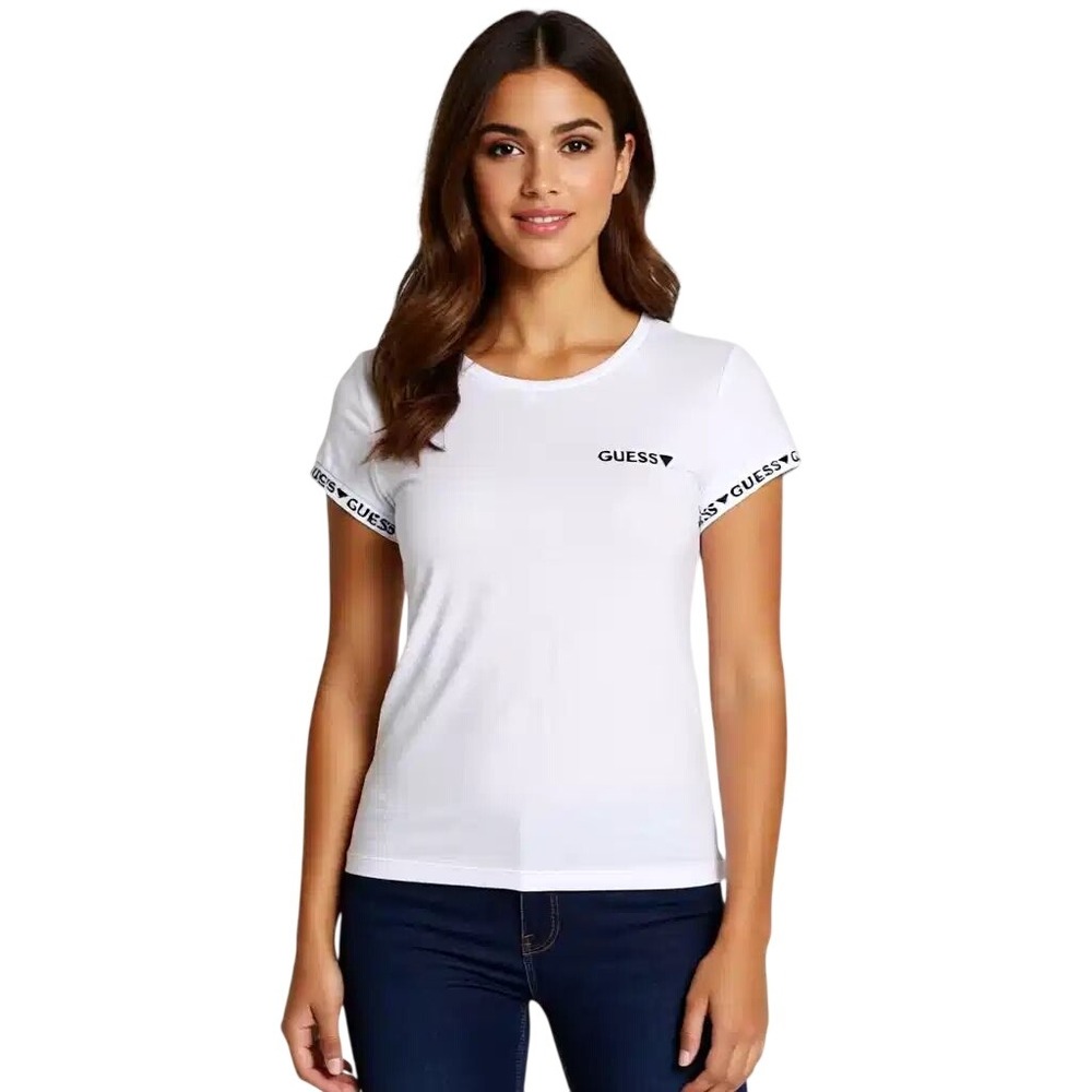 Guess Womens Logo Tape Sleeve Crewneck T-Shirt White Cotton Tee L NWT